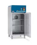 Laboratory Kühlschrank mit blauer Oberseite und offener Tür, zeigt Innenregale.