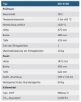 Technische Tabelle mit Spezifikationen für den Prüfraum DIS-E160, einschließlich Maße und Gewicht.