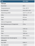 Technische Tabelle mit Spezifikationen für das Umweltsimulationsgerät SPS-P850.